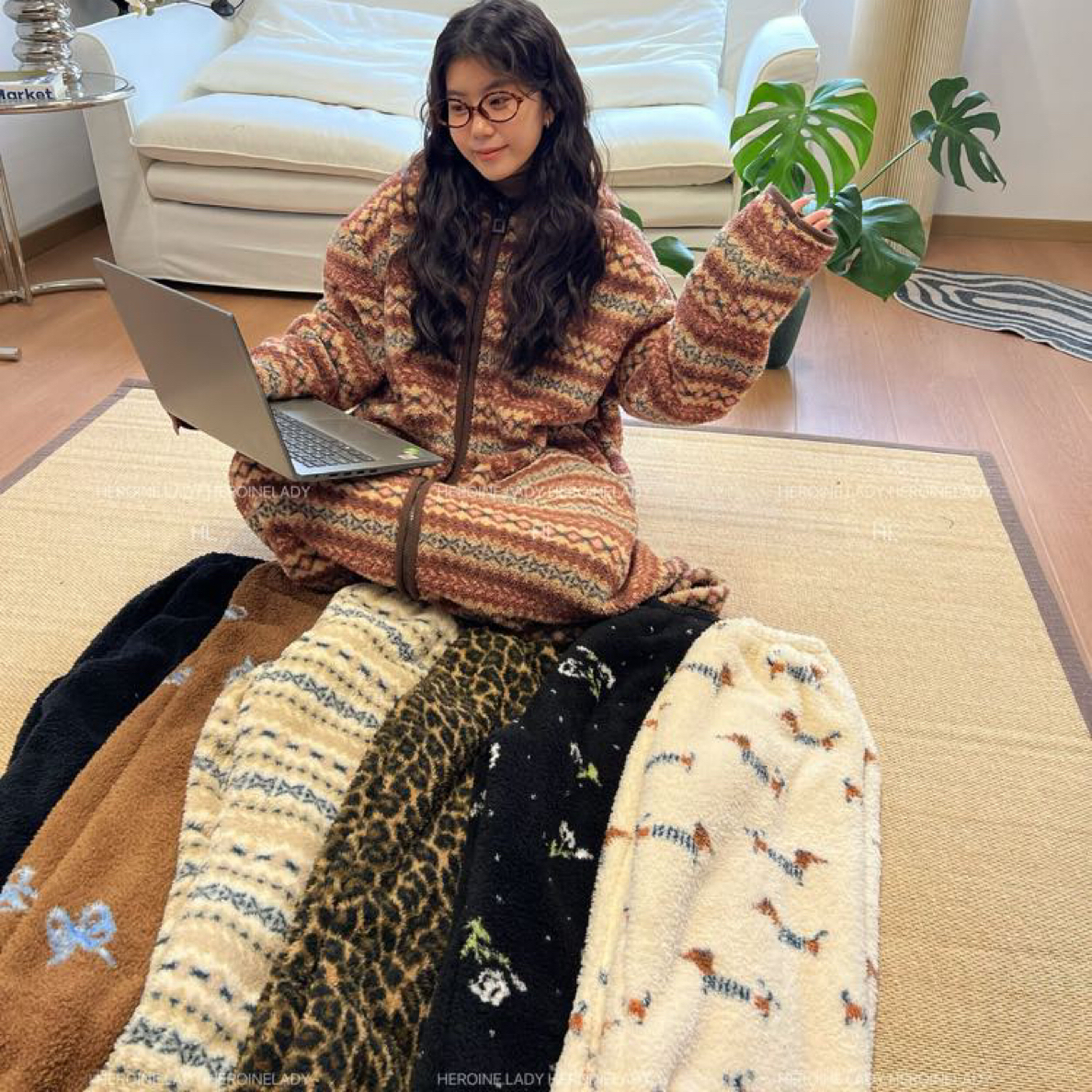 【懒洋洋裤子】HL秋冬慵懒风舒适百搭宽松加厚保暖米粒绒松紧腰睡裤