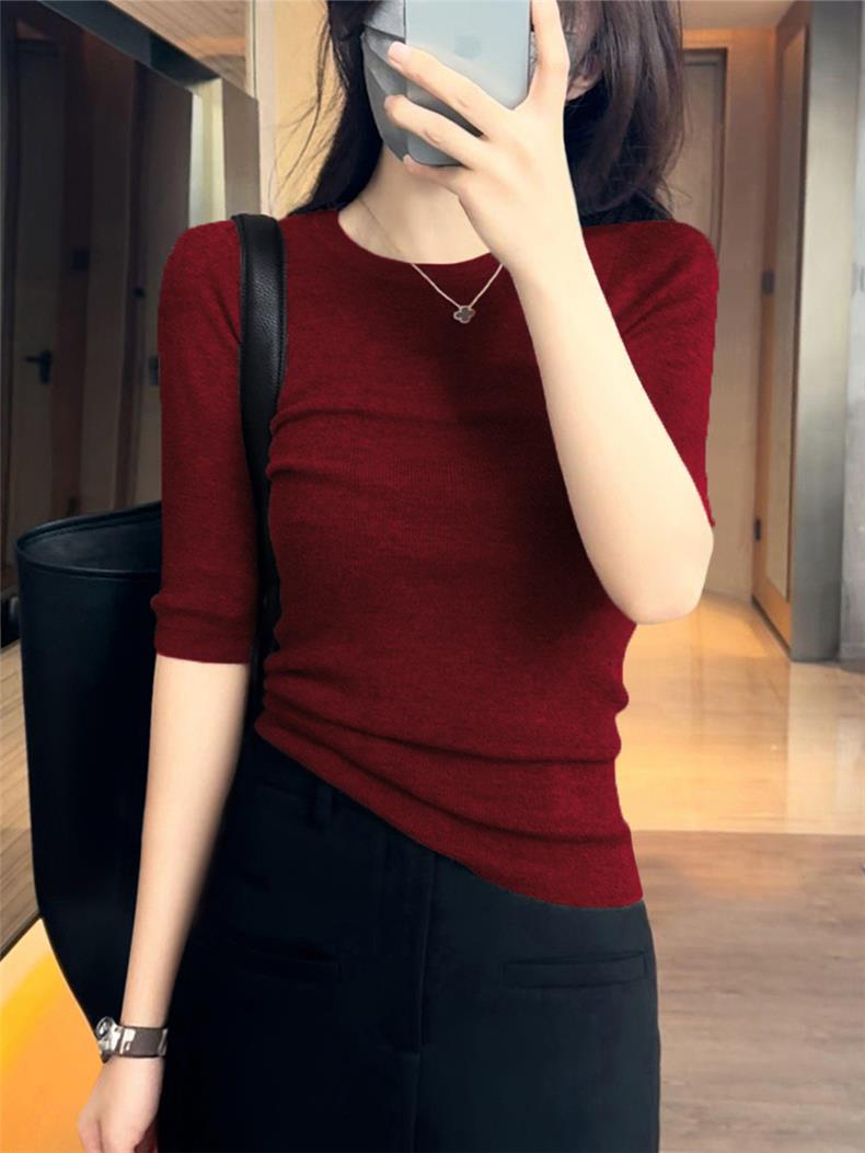 洋气简约圆领上衣女装2025新款五分袖时尚修身百搭气质针织打底衫