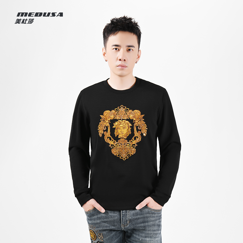 MeduSa/美杜莎秋季新款打底衫休闲刺绣时尚男士圆领长袖T恤23168