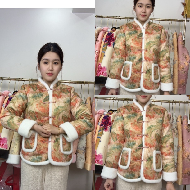 荷塘月色复古印花加绒加厚立领中国风棉袄棉服外套女秋冬8862