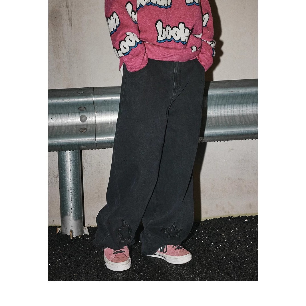 潮牌星星做旧毛边水洗黑色ins直筒牛仔裤韩版男女同款休闲长裤