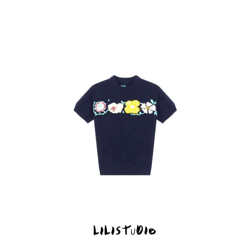 PCNY「蓝韵花境」不理理夏季新款小众女装时尚刺绣提花针织短袖上衣