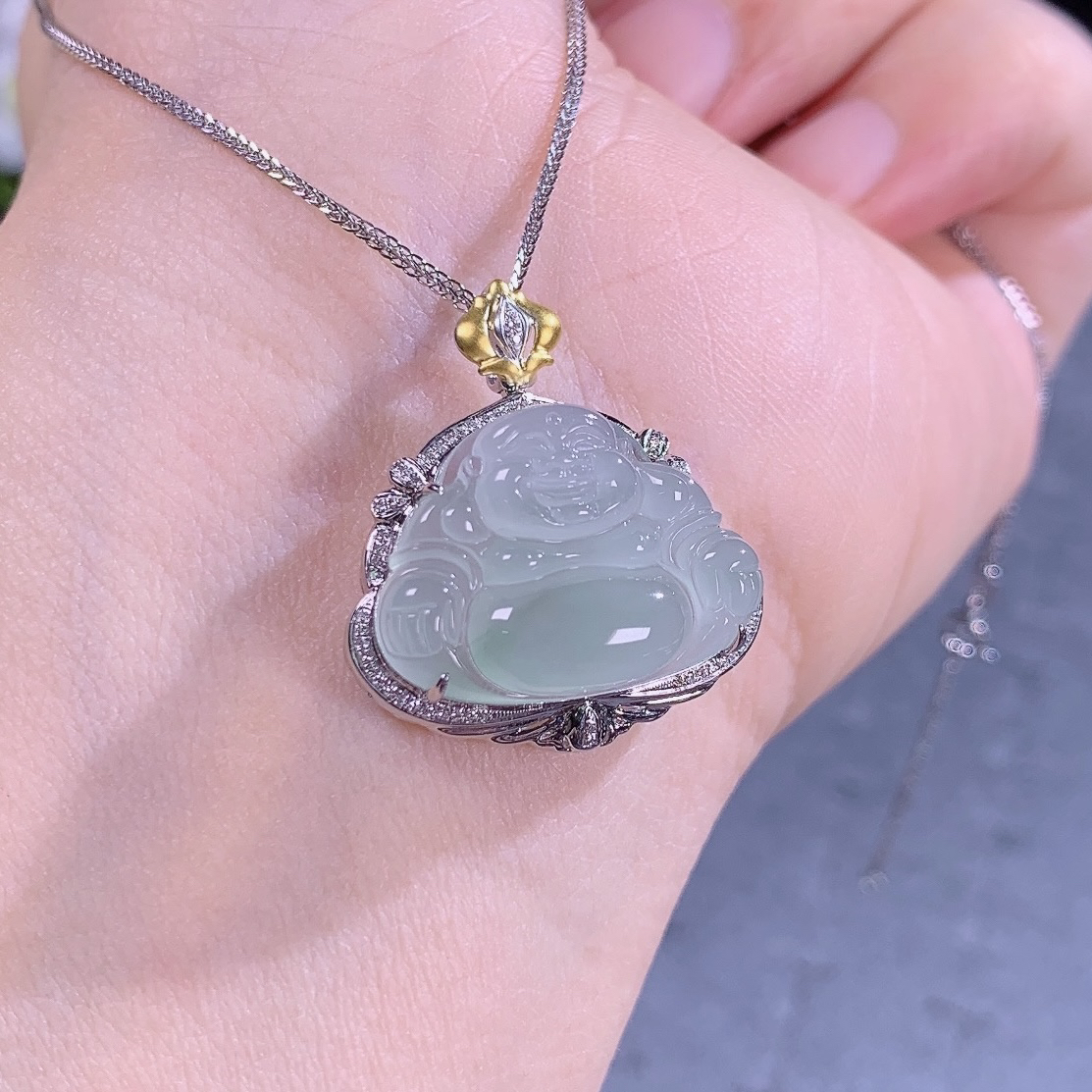 缅甸天然A货翡翠镶嵌18k金冰种晴底飘绿佛公吊坠一刀切28×25×9.5