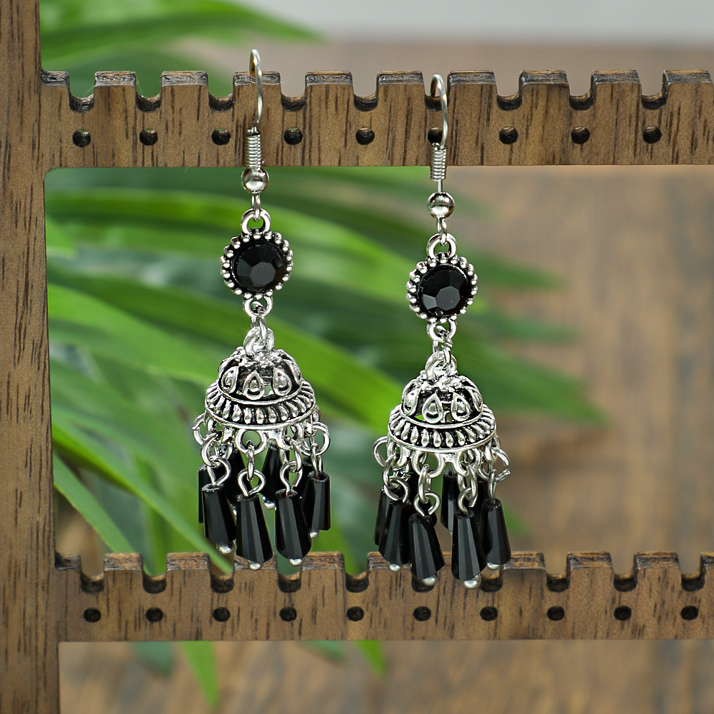 非金属仿水晶耳饰 主播同款 黑色水晶流苏灯笼耳环复古轻奢