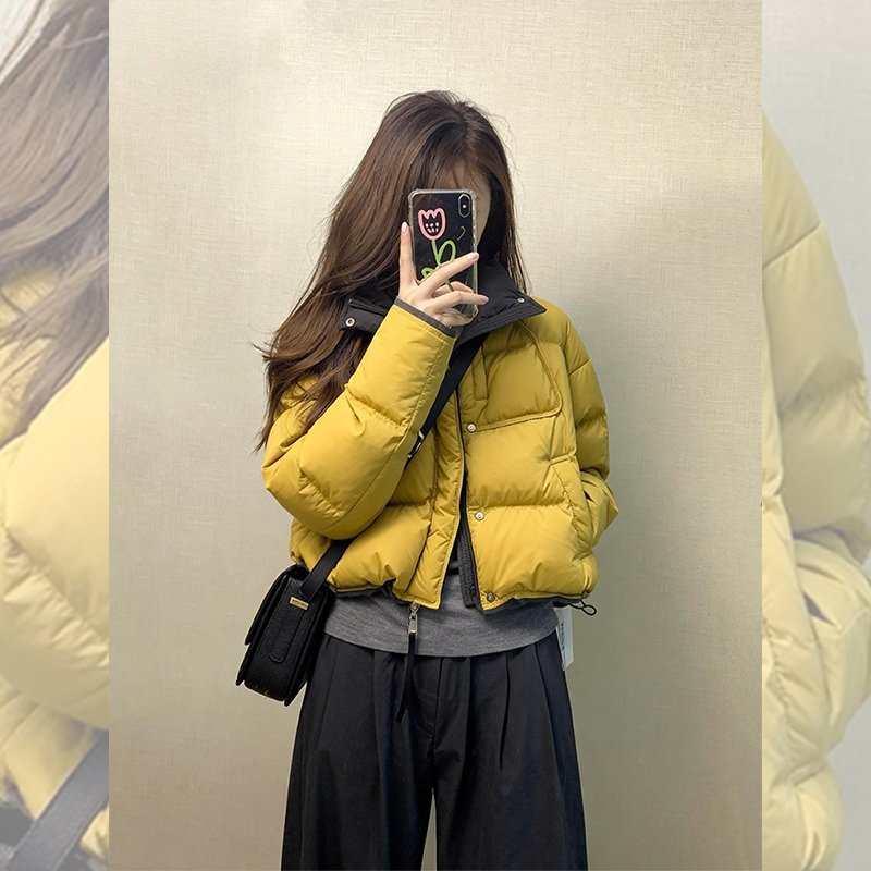 2025巨好看的黄色撞色棉服女冬小个子韩系短款面包服厚外套棉袄