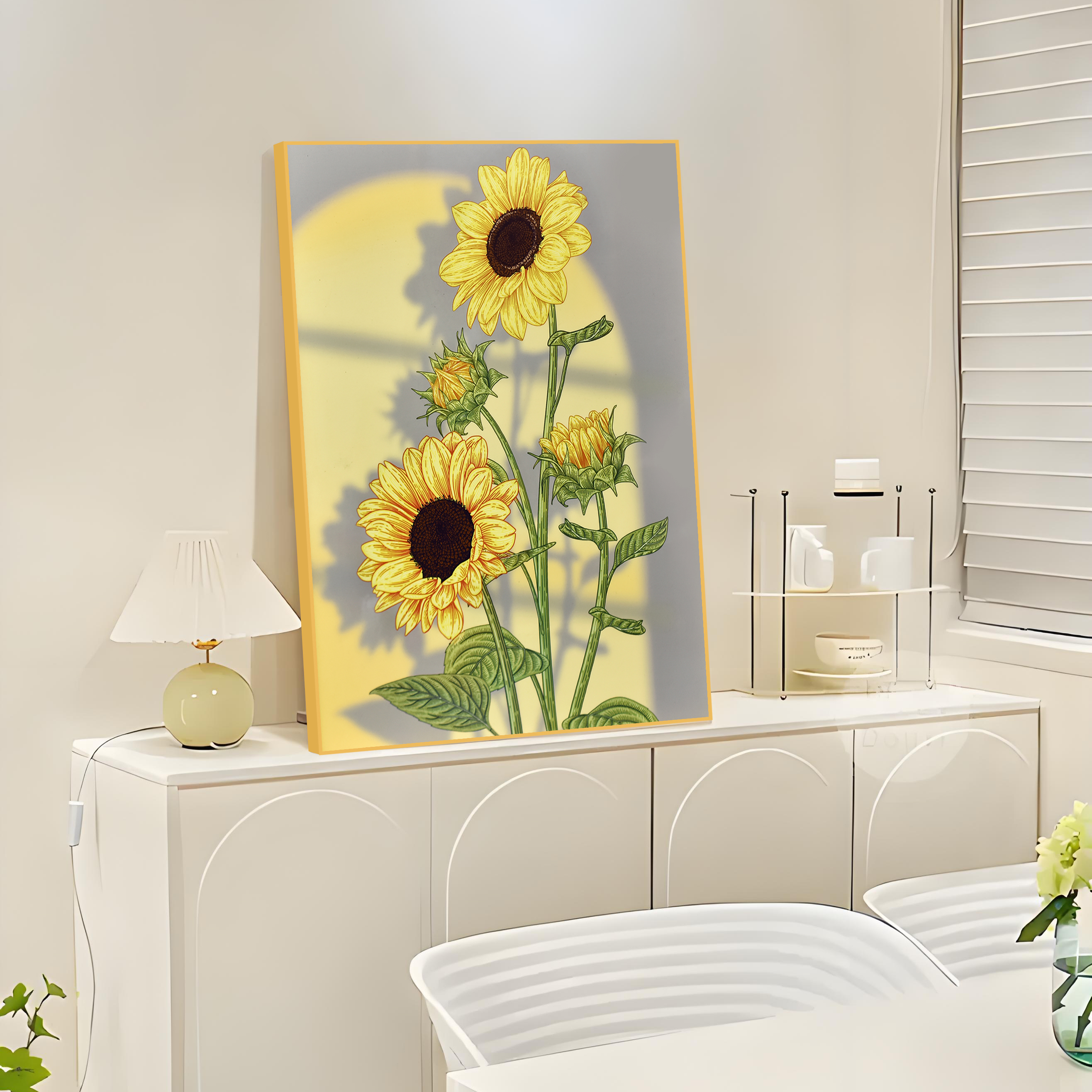 简约高档玄关餐厅沙发背景墙壁画向日葵4050