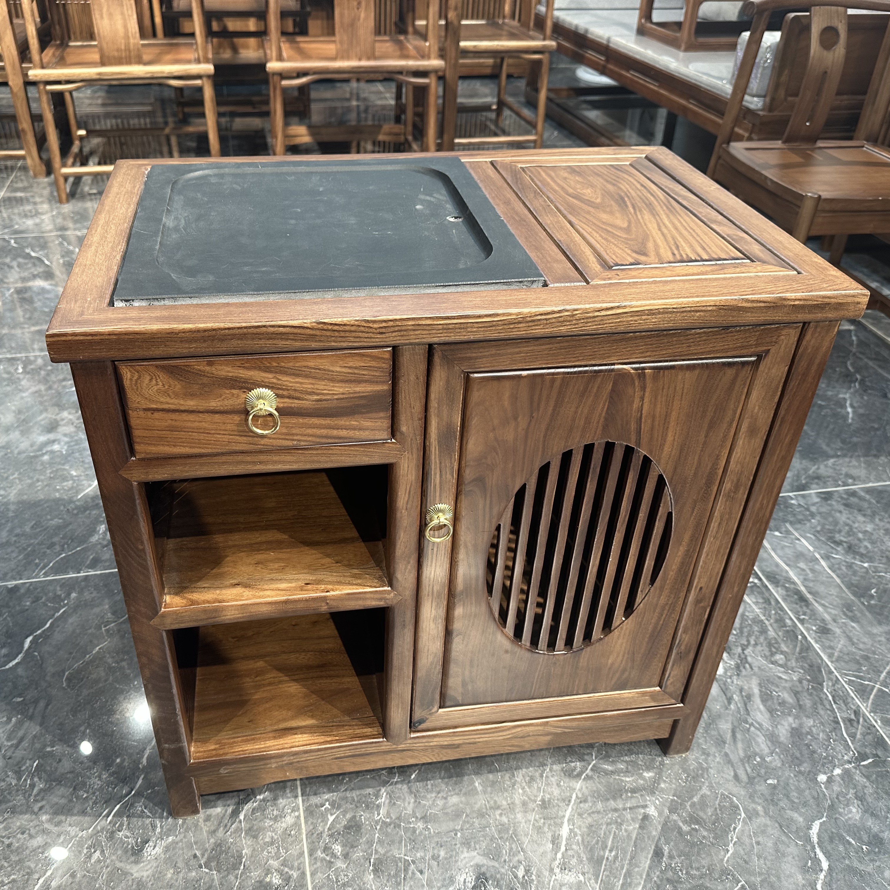 新中式老榆木茶水柜黑胡桃色实木禅意烧水柜茶边柜客厅餐边柜