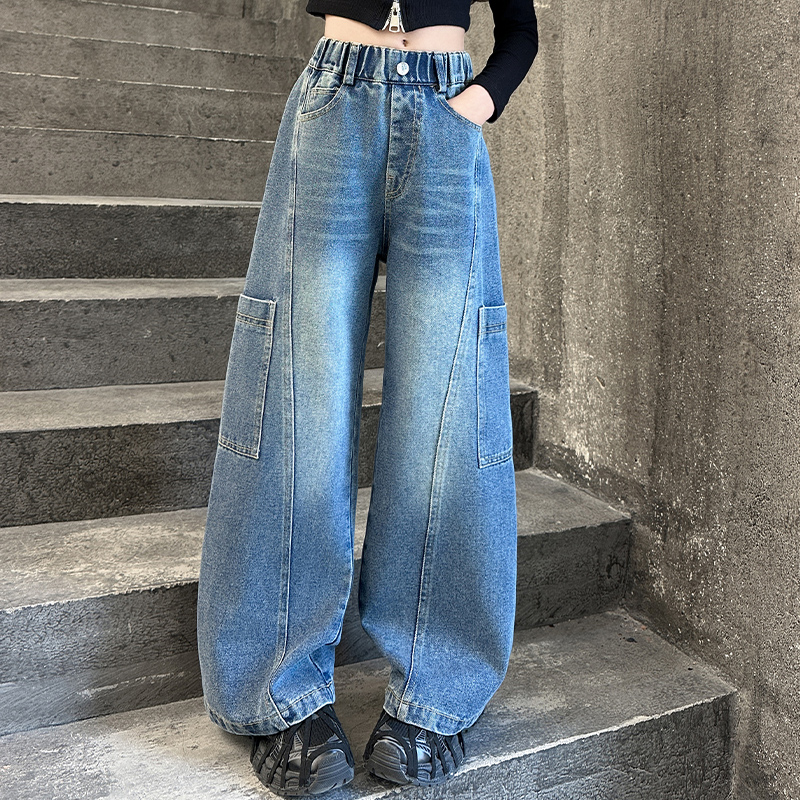 【酷哒仔】女童时尚工装牛仔裤2025春秋新款韩版中大童休闲阔腿裤