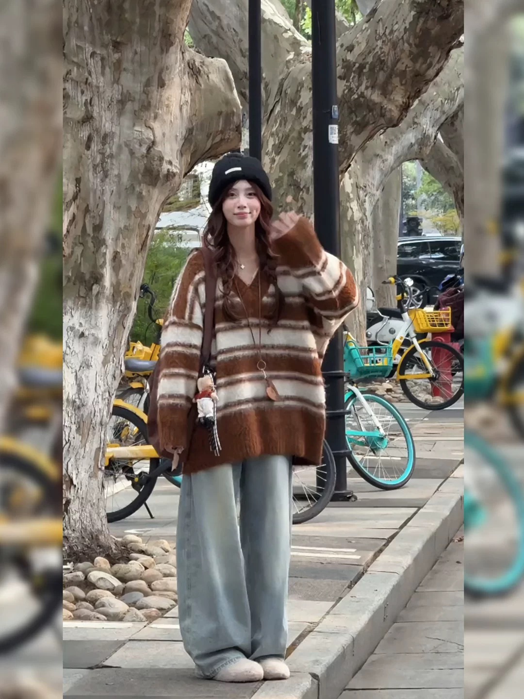 137女士新款慵懒风V领条纹百搭针织衫