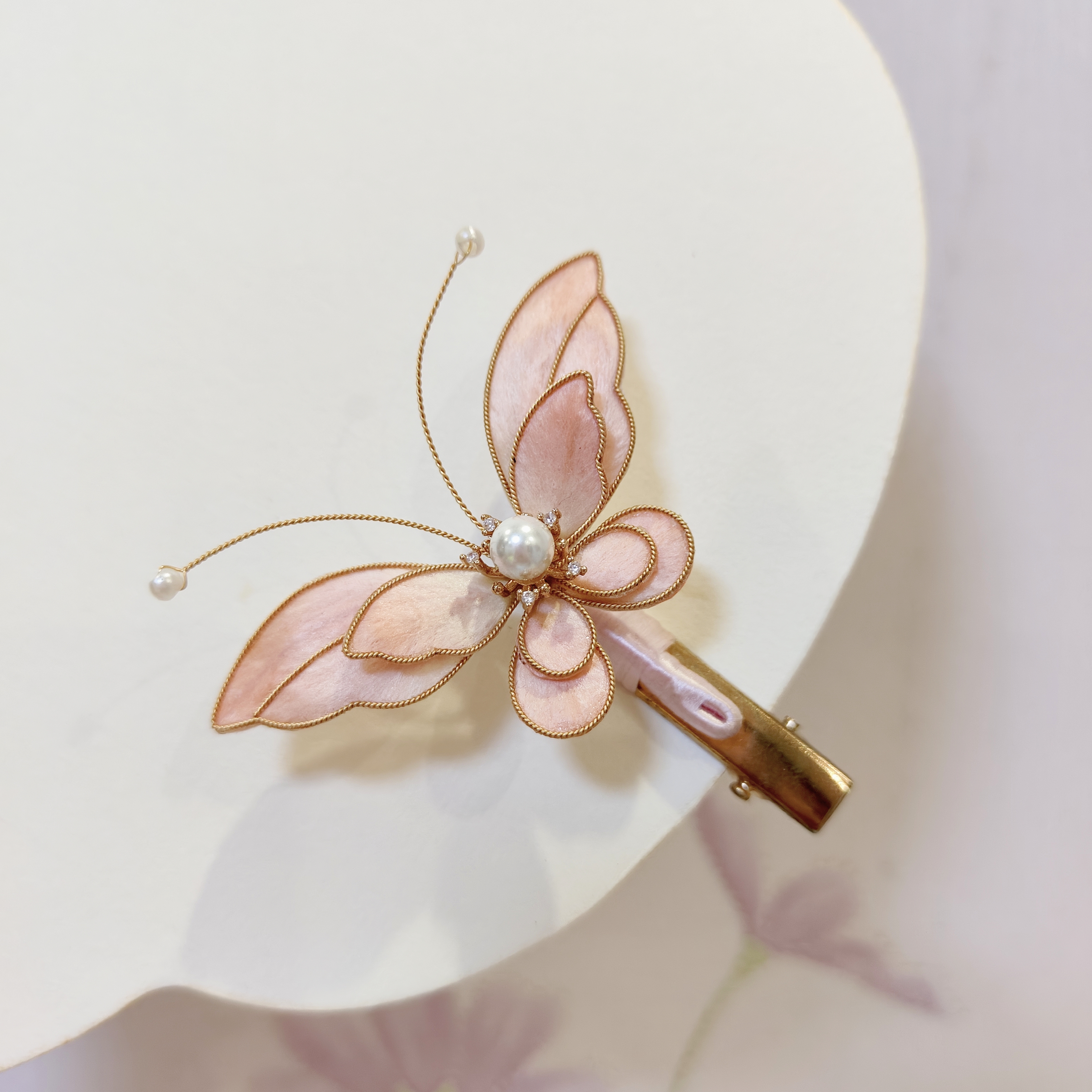 非遗手工掐丝绒花发夹边夹【粉色蝴蝶】鸭嘴夹简约古风国风百搭