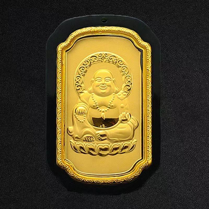 2025新款 真 金 镶嵌和田墨玉佛公无事牌吊坠-赠证书-礼盒-配绳