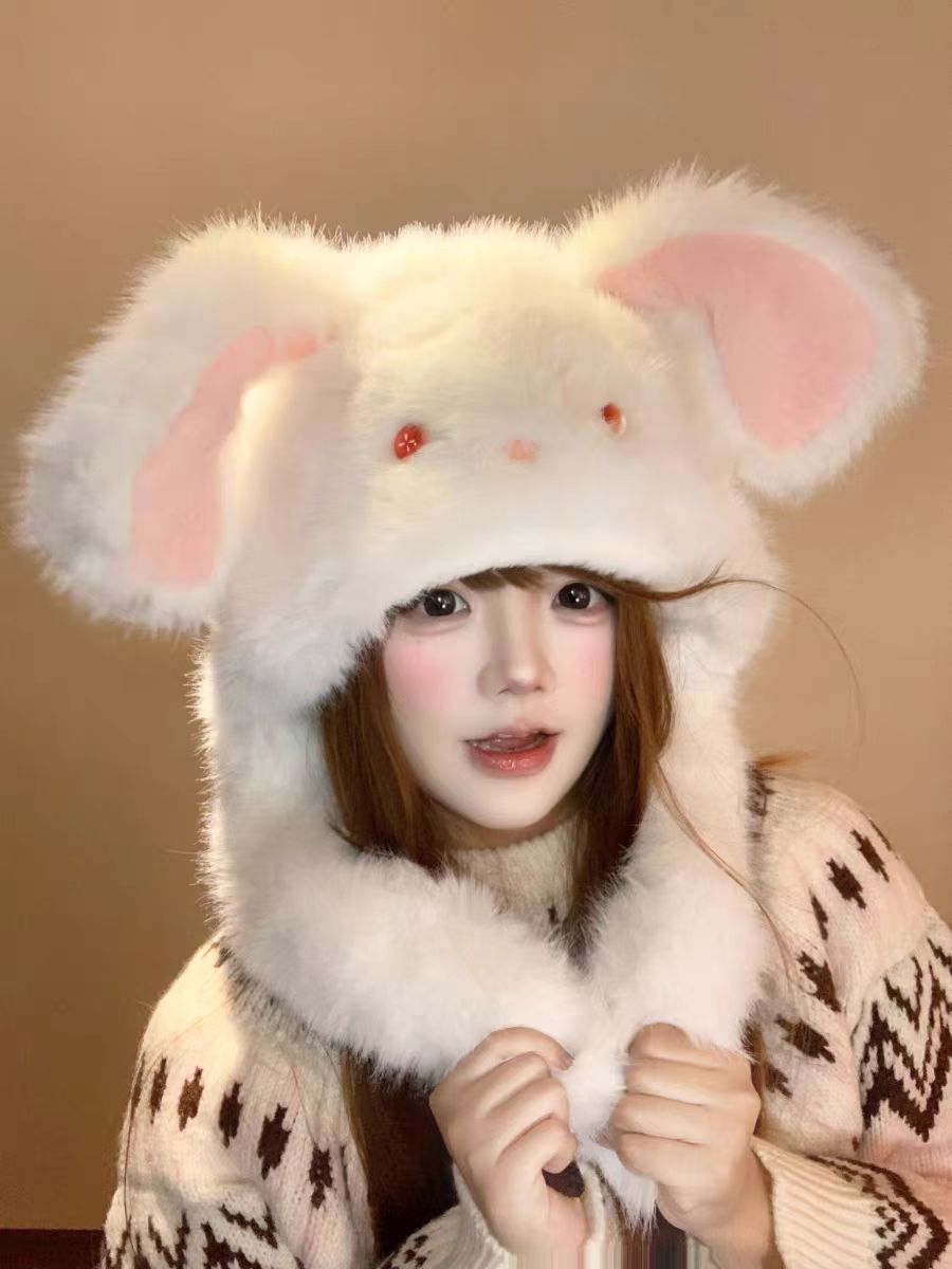 可爱兔子耳朵会动毛绒帽子女冬季卡通护耳帽加厚保暖毛茸茸雷锋帽