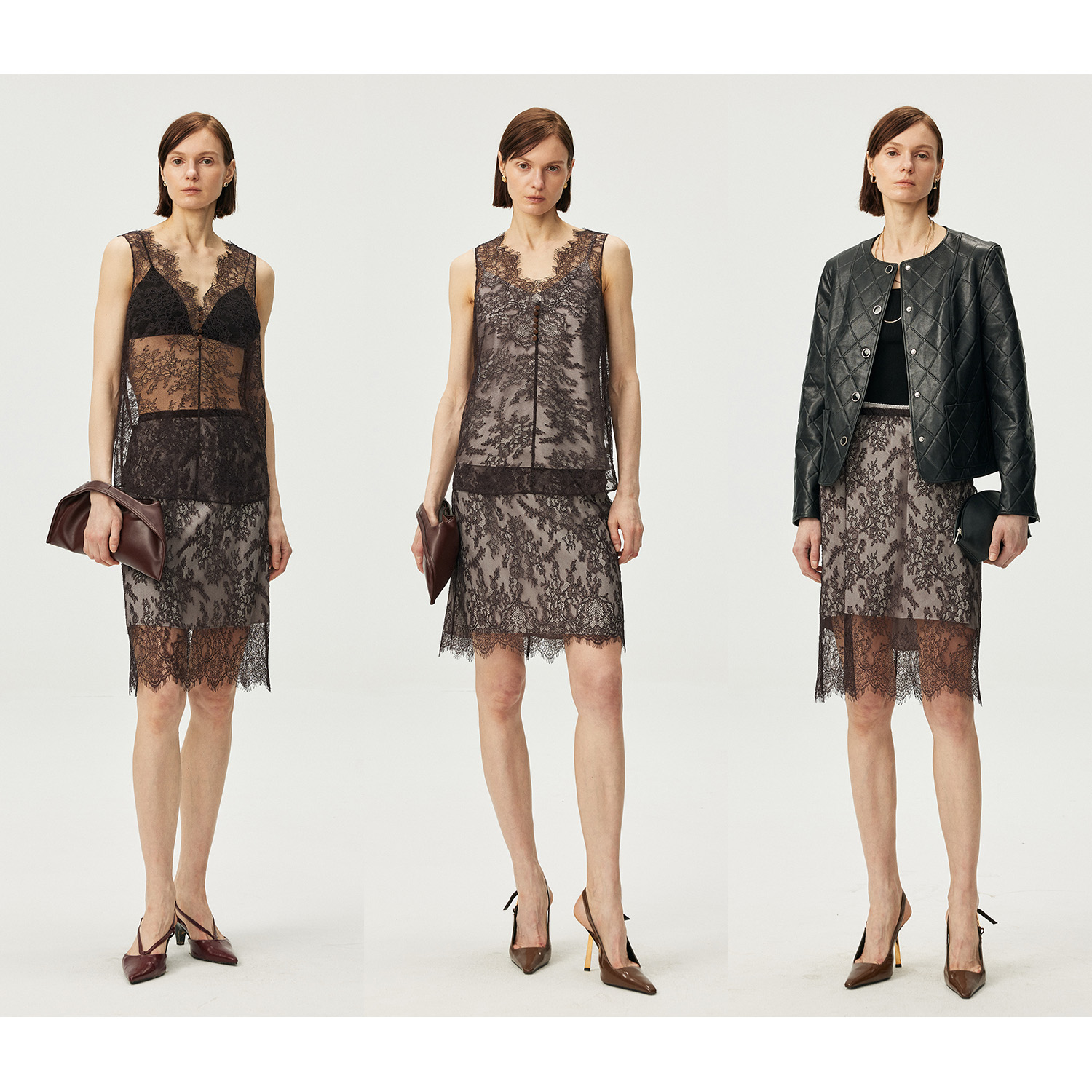 MARIUS"夜玫瑰"重磅手工剪裁半透明蕾丝两穿V领背心半裙套装