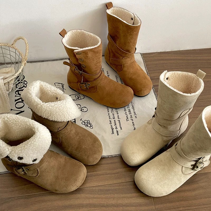 （两穿雪地靴）两穿美拉德厚底靴子女2025冬季新款加绒勃肯复古短靴