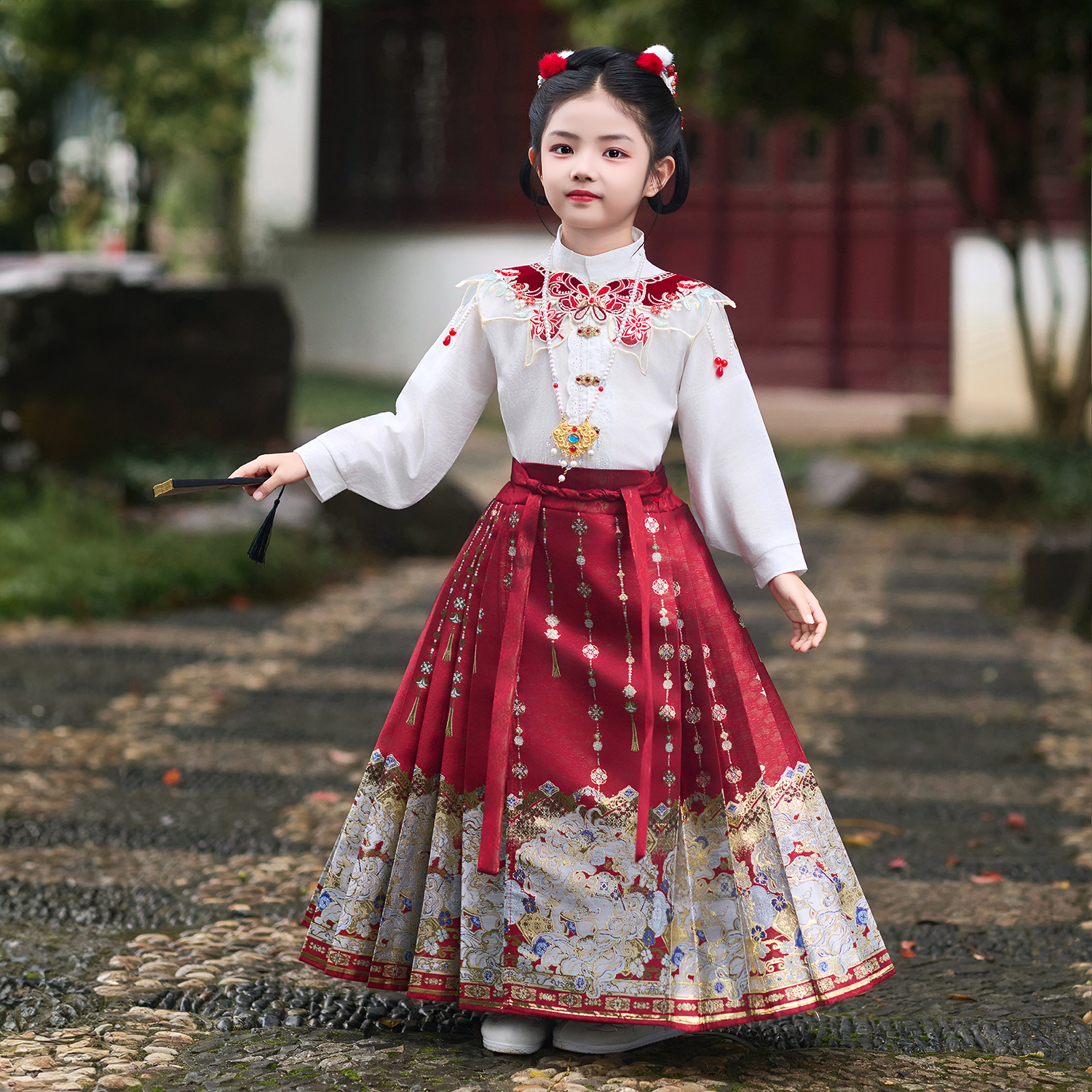 槿木缘【马踏祥云】马面裙女童套装冬装国风加绒儿童新中式唐装红色