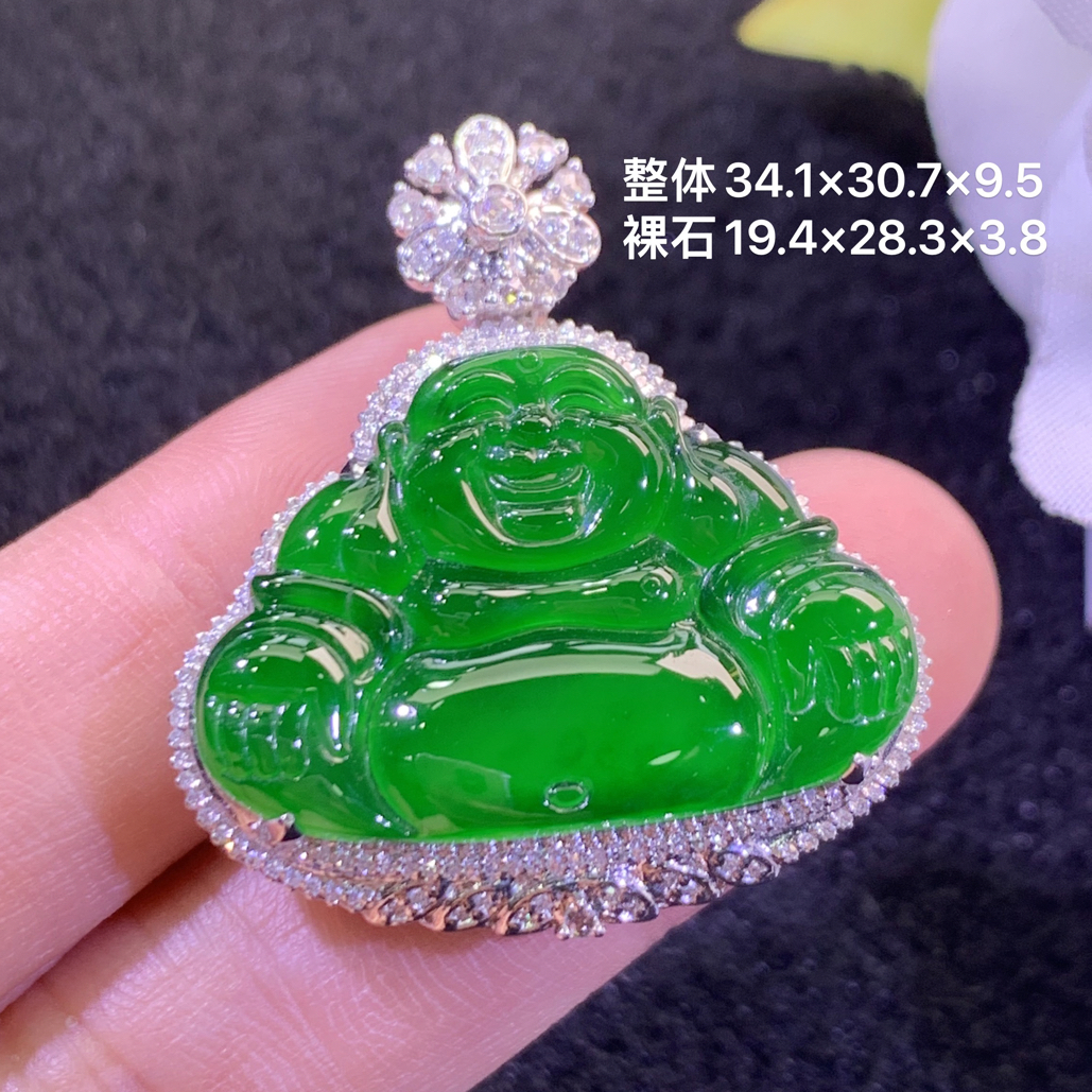 18k金镶嵌天然缅甸翡翠阳绿佛公吊坠34.1×30.7×9.5/19.4×28.3×3.8