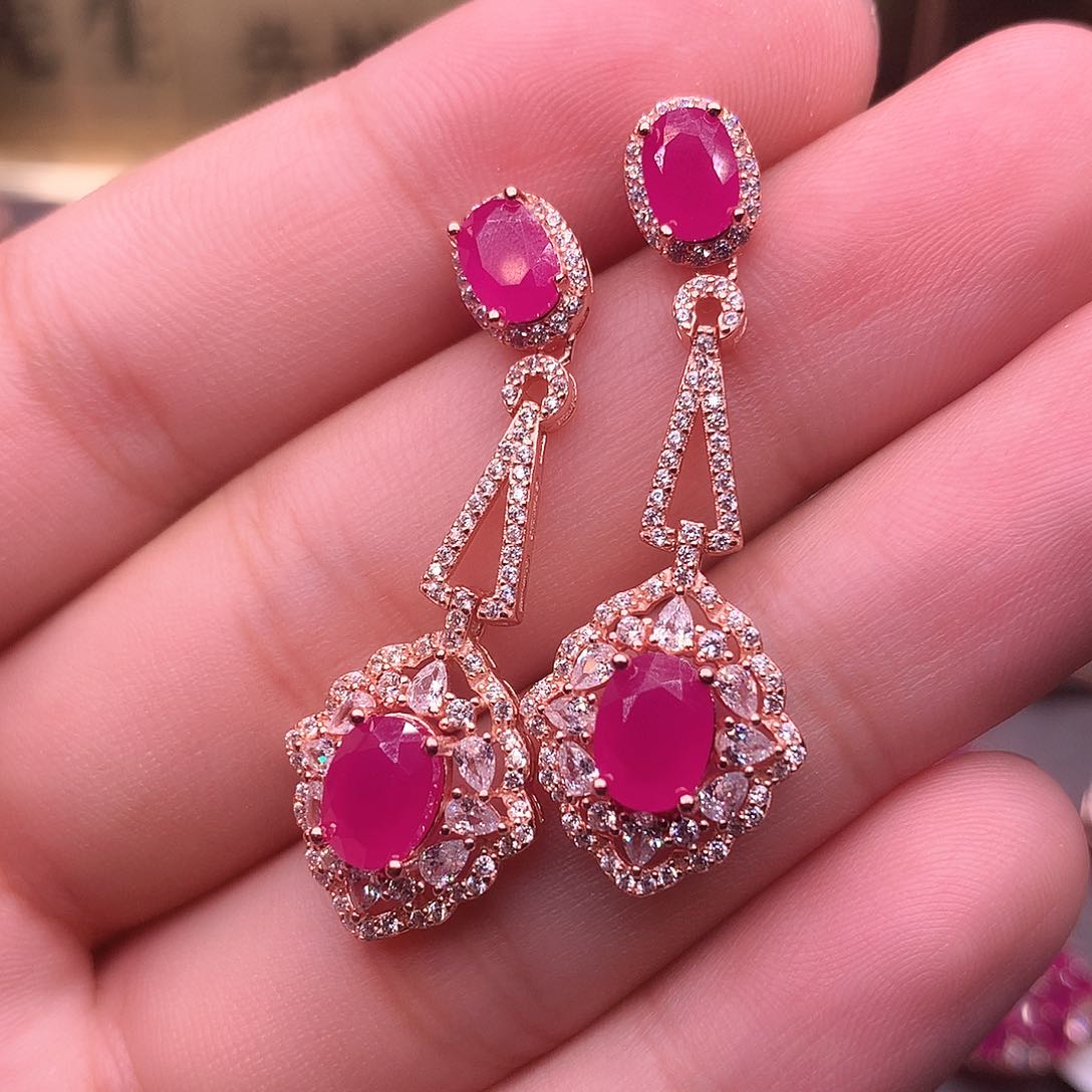 红宝石耳饰银S925镶嵌