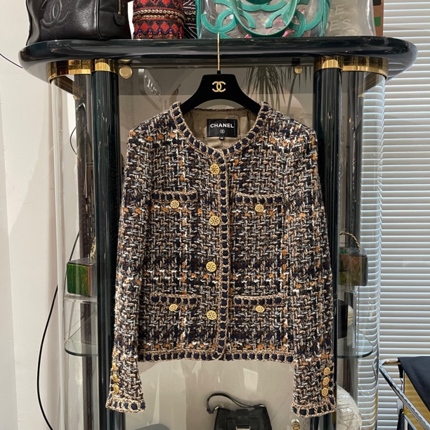 95新 Chanel/香奈儿 16A罗马系列 咖黑色编织圆领外套 38码