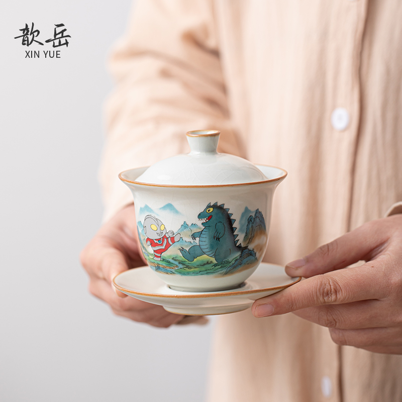 当代 汝窑奥特曼陶瓷三才盖碗不烫手功夫茶具套装小泡茶器喝茶家