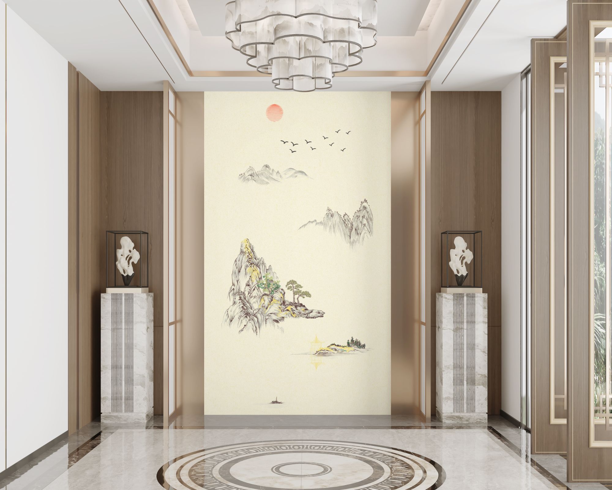 俞家绣-新中式山水独绣刺绣意碧溪水玄关背景墙布高端三防高精密