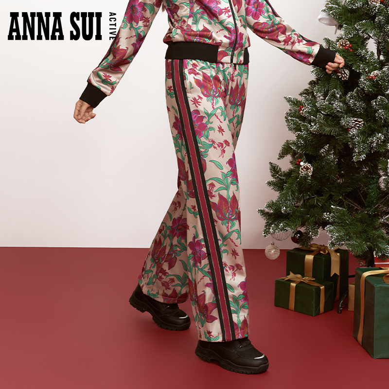 ANNA SUI安娜苏运动  阔腿长裤印花撞色织带休闲裤宽松22431104A