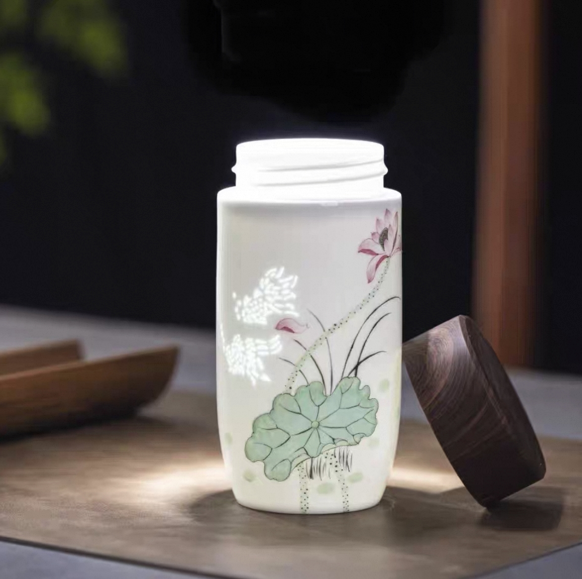 景德镇陶瓷茶杯 高档手绘玲珑暖水杯 伴手礼商务保温杯