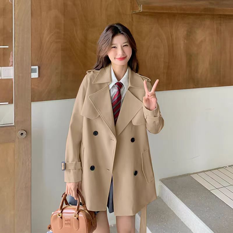 051短款中长款纯色常规款百搭双排扣挺括撞色翻领风衣