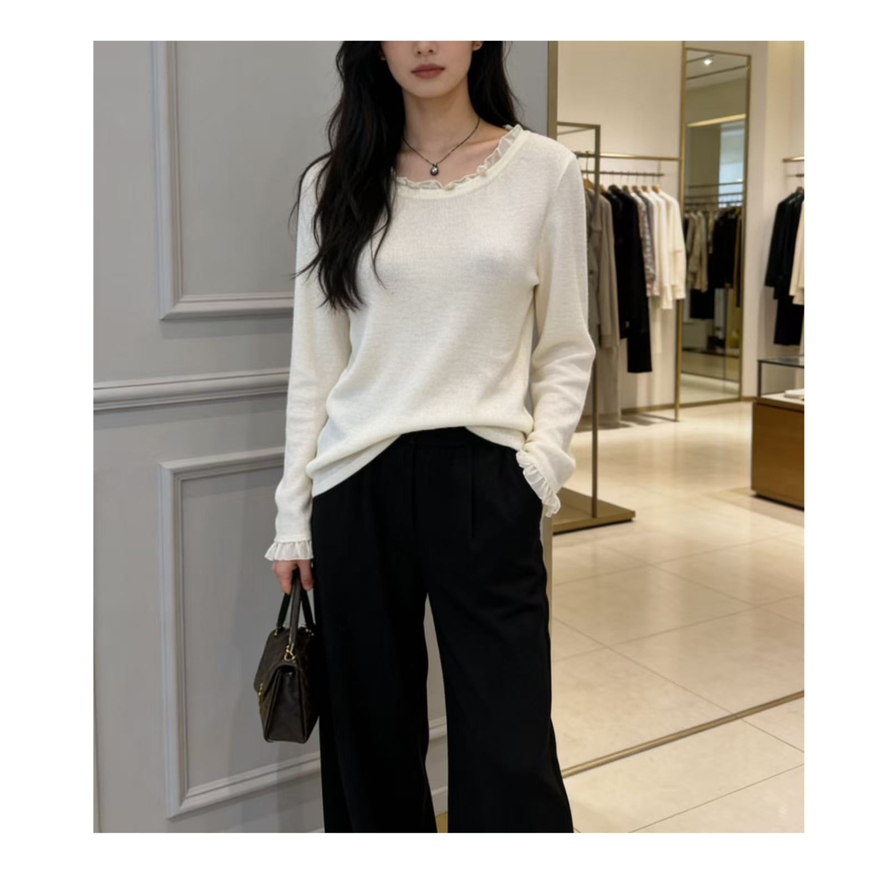 胸88-150长53长袖基础打底针织上衣木耳拼接设计温柔百搭 4555