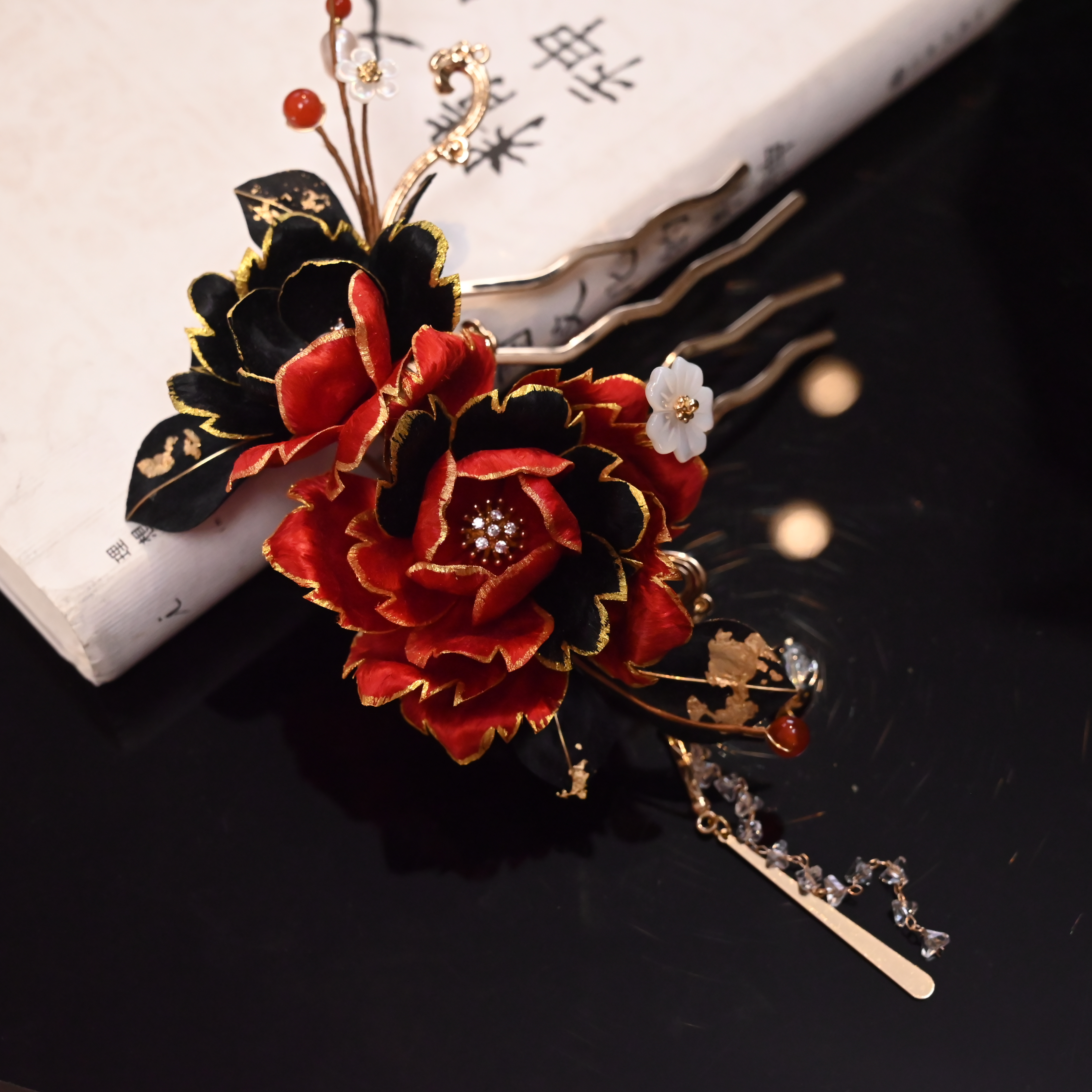 【大吉插梳】红牡丹纯手工非遗插梳