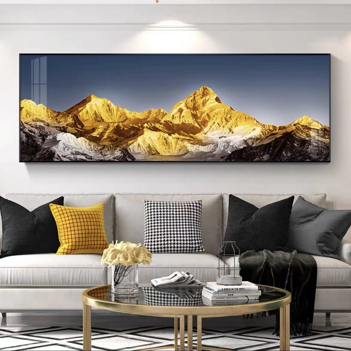 现代轻奢玄关画家居铝合金边框横款客厅沙发装饰画日照金山70200