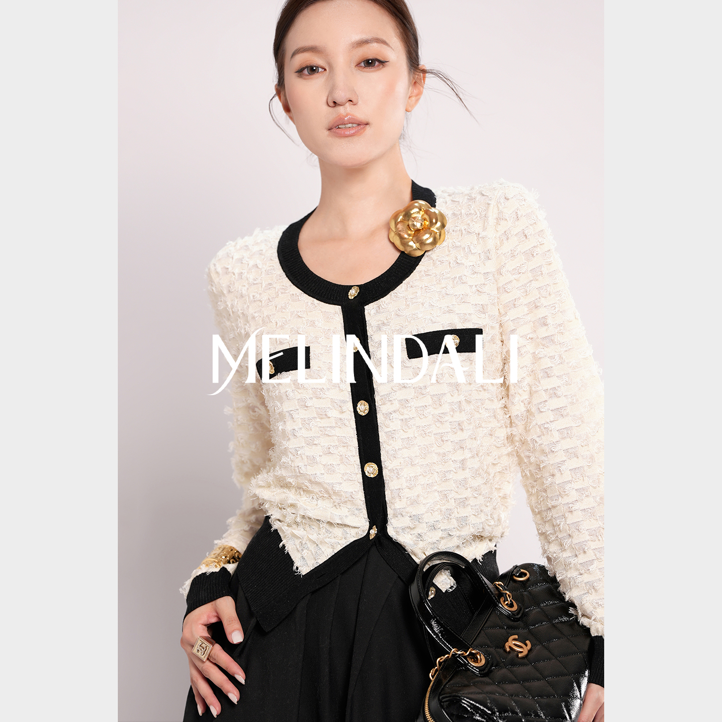 Melinda Li【巴黎香风】法式小香风手工剪花金葱撞色长袖针织开衫