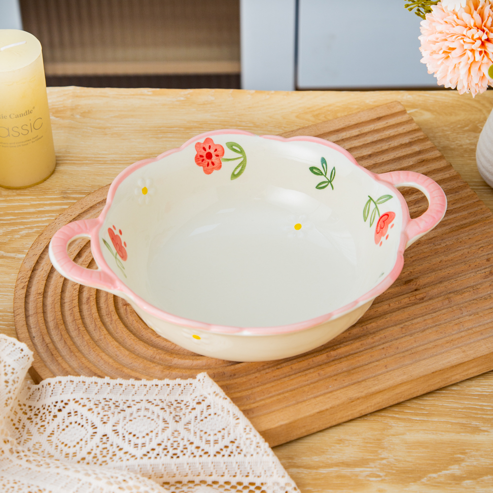 家用陶瓷餐具美二烧釉下彩四季花9.5英寸花边双耳汤盆汤碗(1个装)