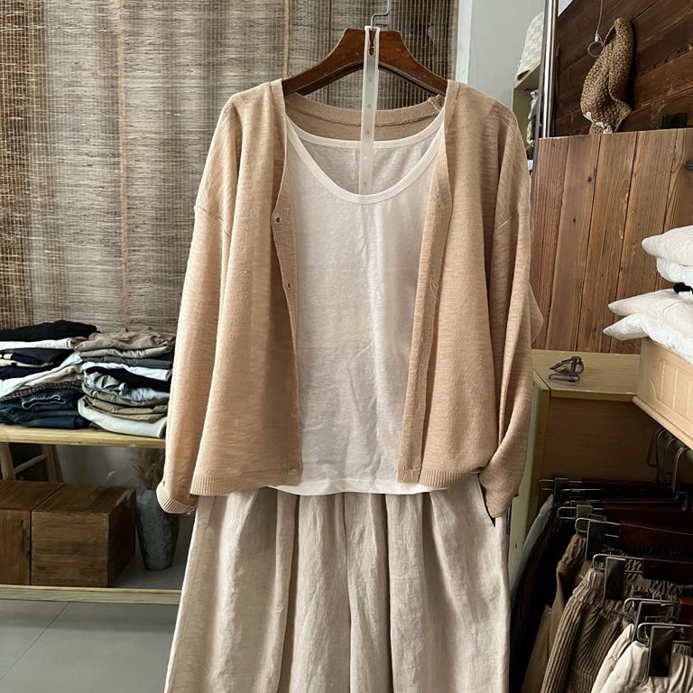 春季新款V领长袖亚麻针织开衫外套女时尚宽松防晒衣薄款冰丝上衣