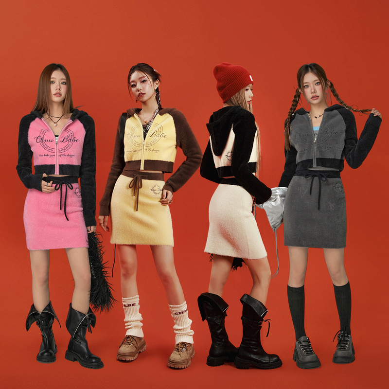 【陈嘉尔专属】CHUU冬季女装撞色拼接连帽拉链短款百搭针织衫-Q