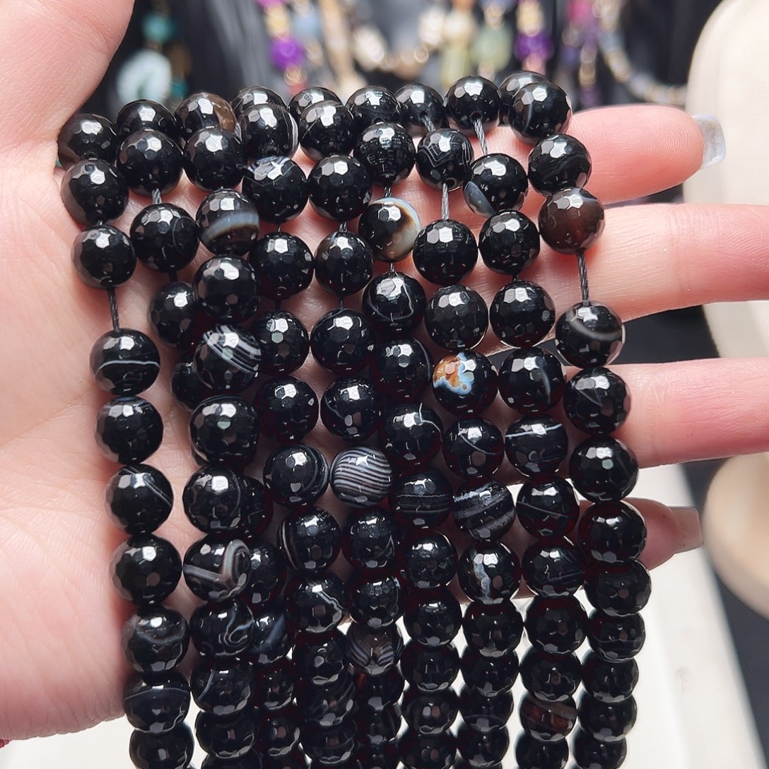 玛瑙/玉髓未镶嵌珠宝半成品k633黑色蚕丝足球玛瑙5mm