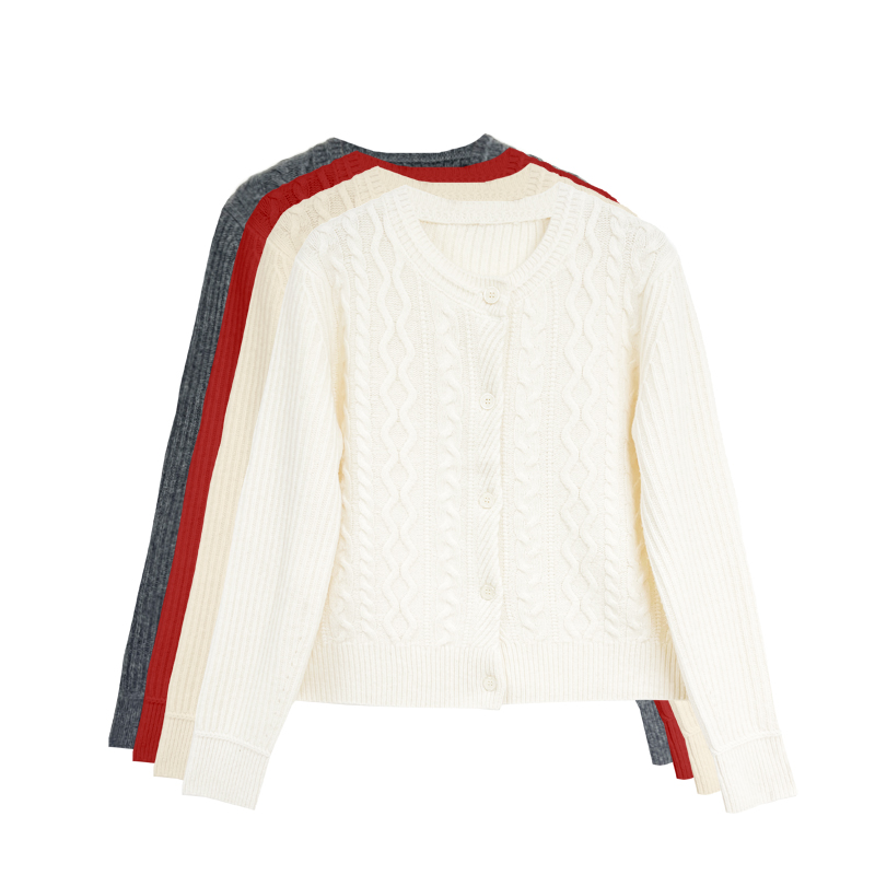 【橙庐】528303绵羊毛山羊绒圆领绞花针织开衫 秋冬女款优雅气质