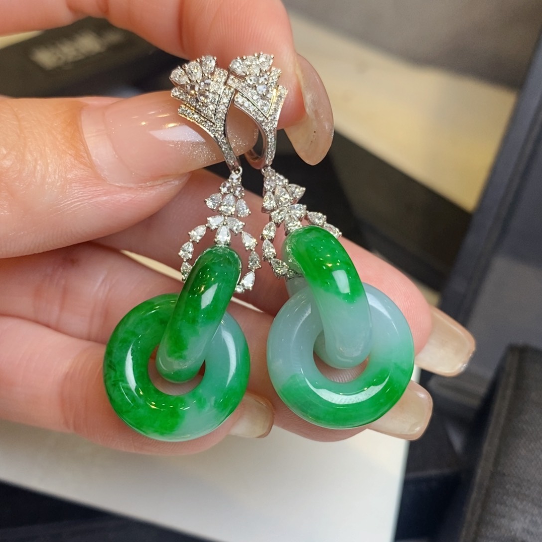 翡翠耳饰18K金镶嵌双环