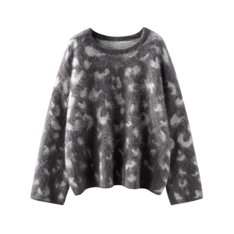 100%山羊绒常规款提花圆领宽松型羊绒衫衫加厚灰色女士RY5903091