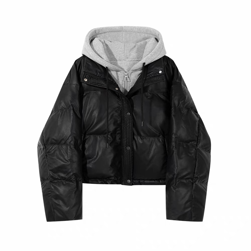 假两件连帽蛋白皮棉服女短款冬季新款时尚加厚保暖洋气外套