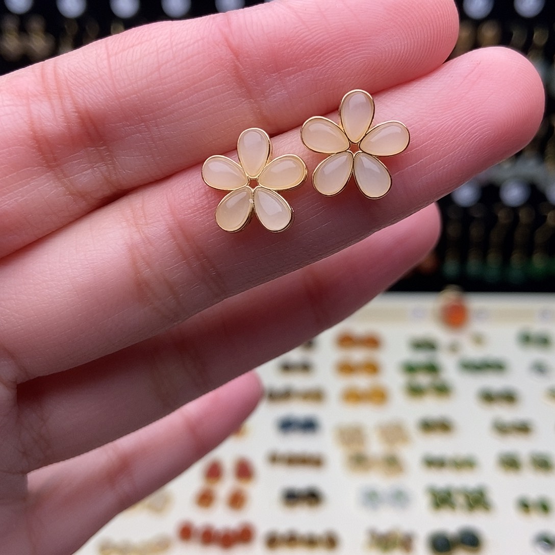 和田玉银S925镀金镶嵌耳饰