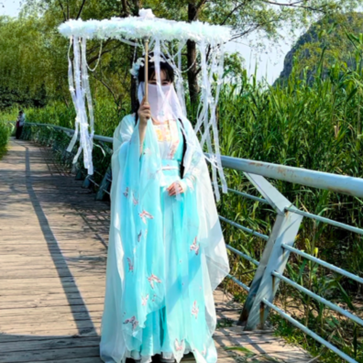 水蓝色重工刺绣蝴蝶大袖子仙女古装影视剧服装