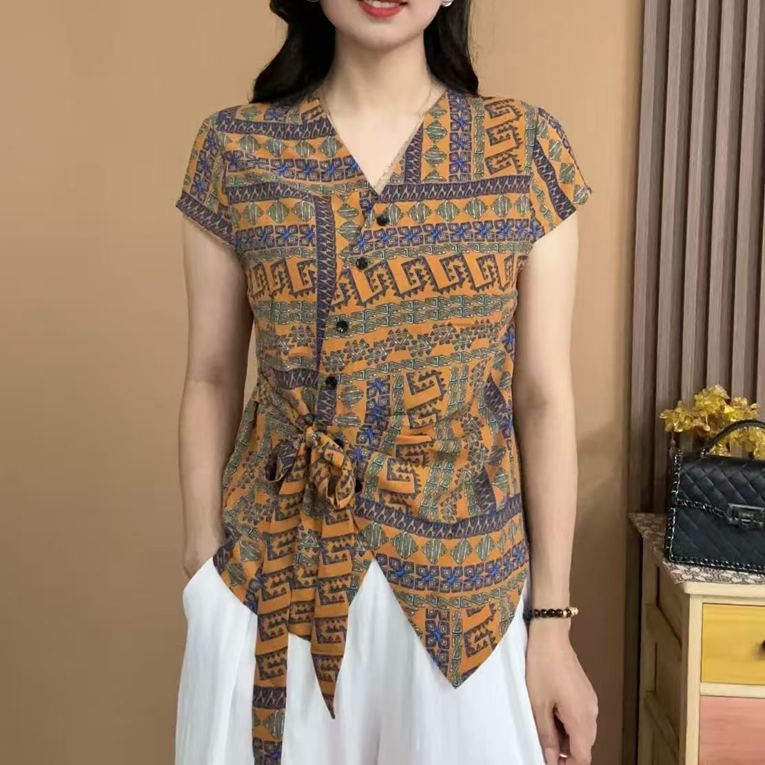 2025年女士V领小袖莱赛尔天丝印花系带夏季清爽舒适透气靓丽款