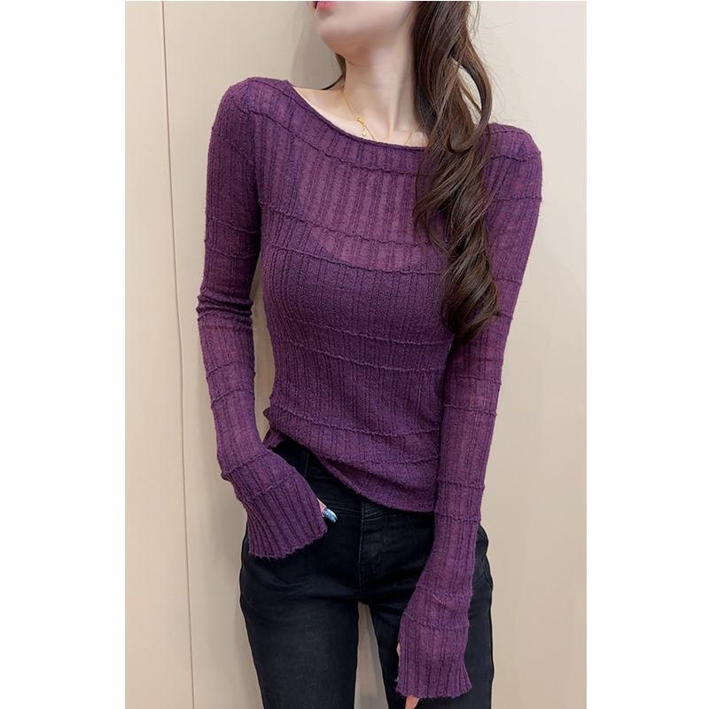 【桶哥欧韩】暗紫色超细马海毛毛衣女长袖设计感开叉袖口打底针织衫