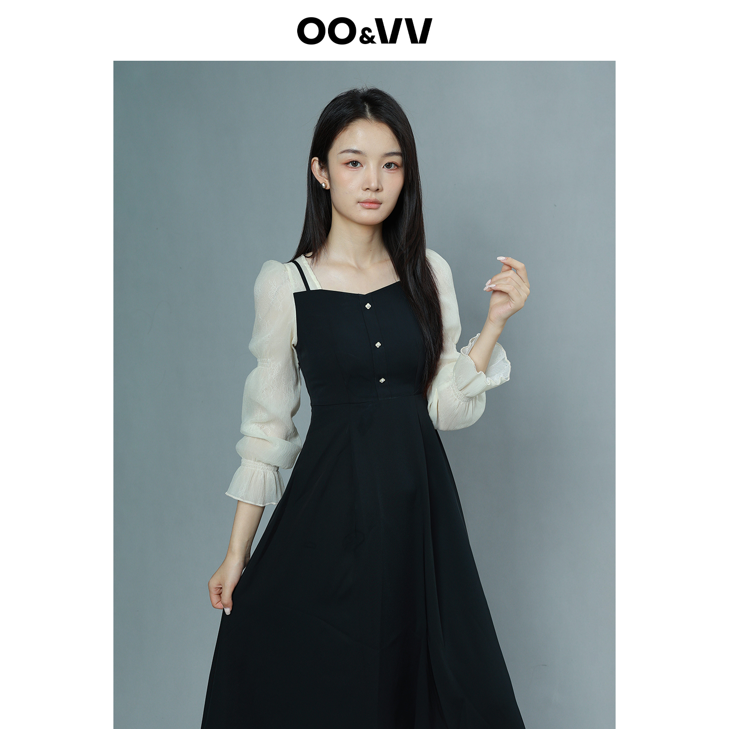 OO&VV法式泡泡袖黑白撞色拼接假两件连衣裙女2025秋新款修身A字裙