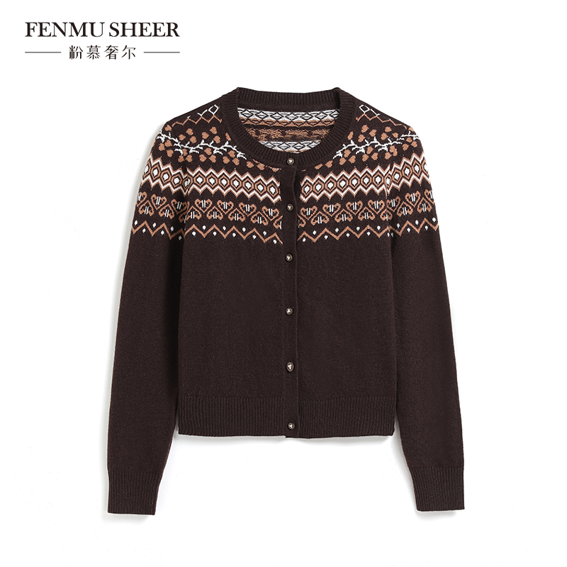 【粉丝专享】粉慕奢尔『费尔岛』绵羊毛提花北欧复古针织开衫W2621