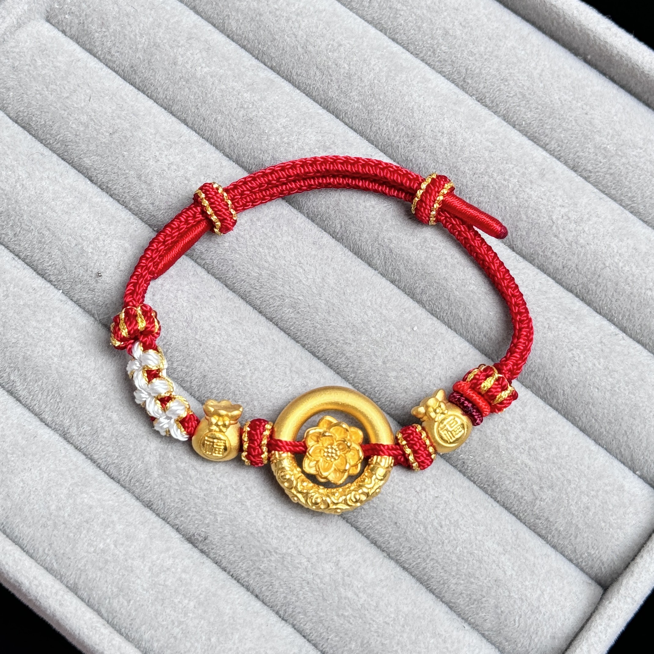 足金999平安扣黄金手链乾坤圈手工编绳情侣款黄金手绳转运珠