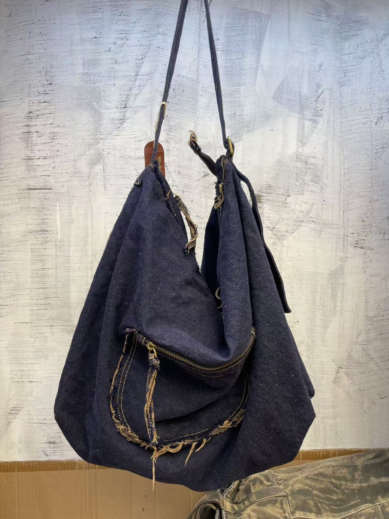 忆古2025新款复古点纱混纺汉麻牛仔单肩大包 休闲挎包