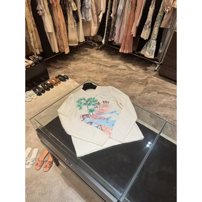 WW2025新款女士时尚针织白色休闲印花毛衣W202054