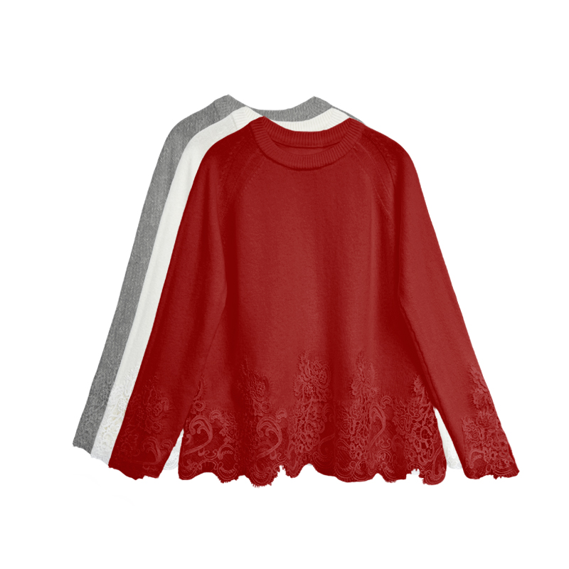 【橙庐】558811蕾丝拼接圆领插肩绵羊毛衫 秋冬女士气质节庆针织