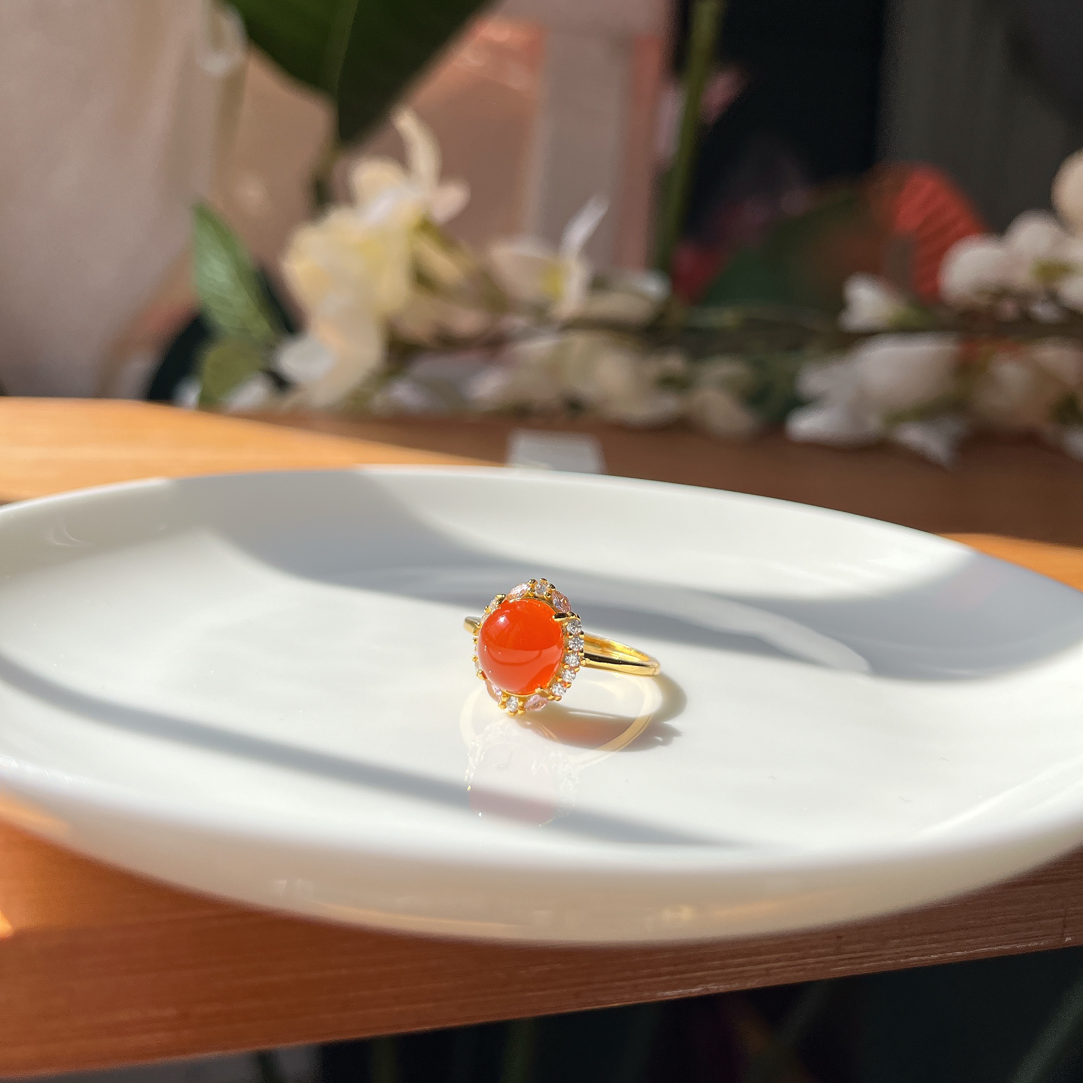 冰红南红戒指S925银镶嵌开口戒约8*9mm